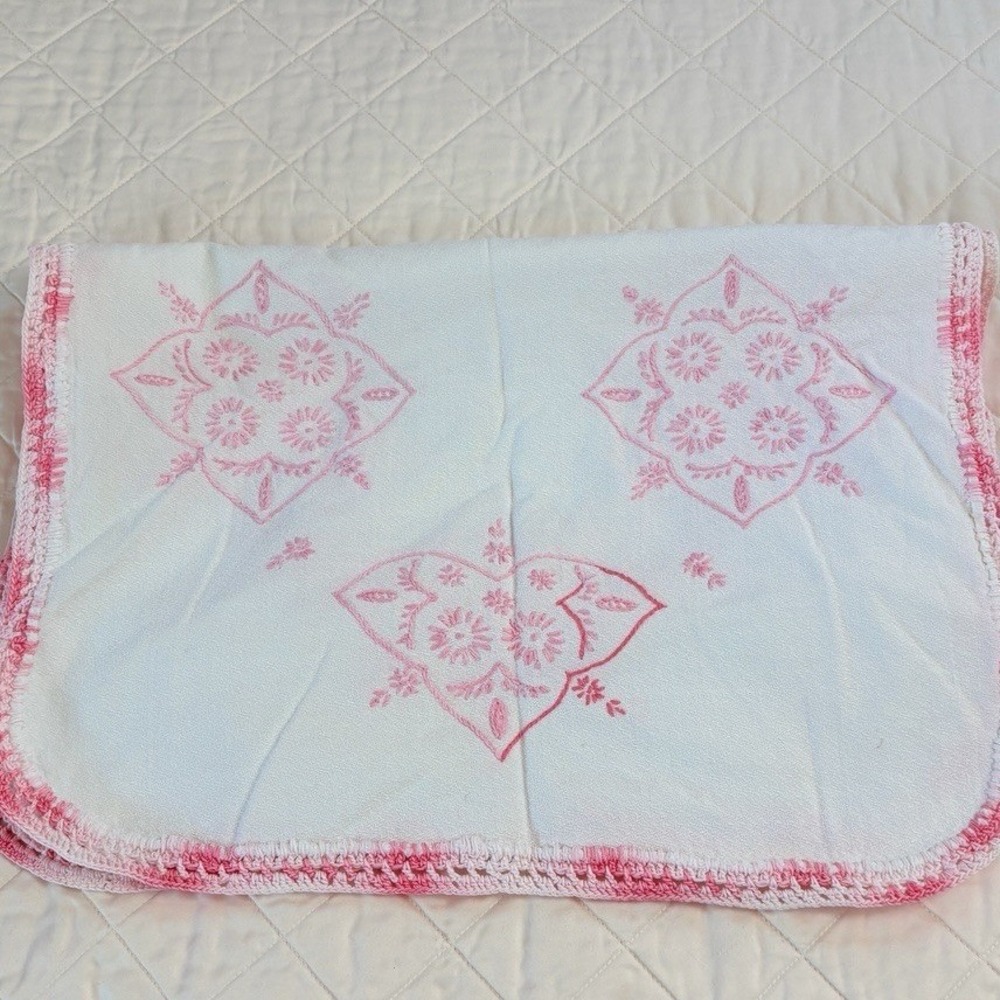 Vintage Handmade Pink Embroidered Dresser Scarf Crochet Trim 36x16